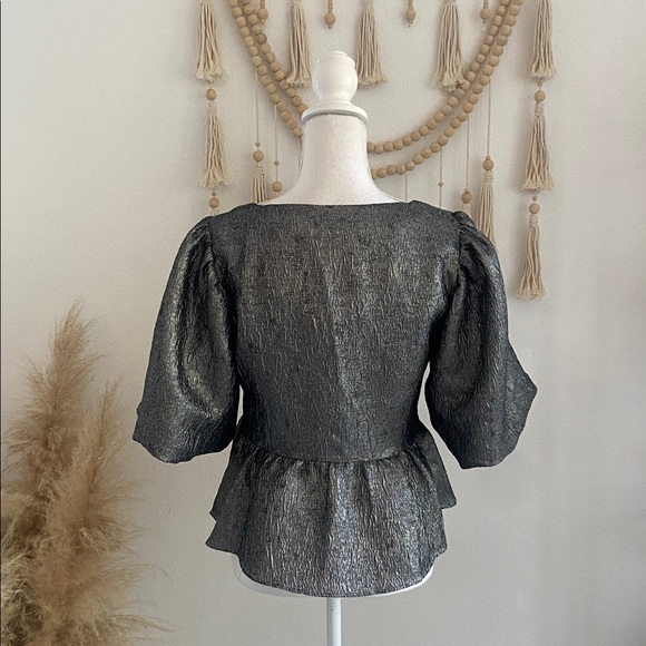 H&M silver metallic tie front top bubble sleeve blouse peplum pewter medium - Picture 12 of 17